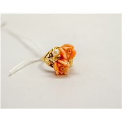 14K GOLD RING WITH CORAL COLORED ROSES SIZE 2.5
