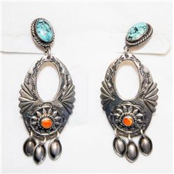 STERLING SILVER TURQUOISE AND ORANGE DROP