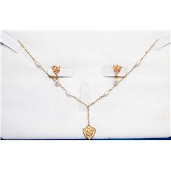 14K GOLD HEART AND PEARL 16" NECKLACE WITH EARRINGS