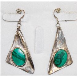 SILVER TRIANGULAR EARRINGS W GREEN STONES