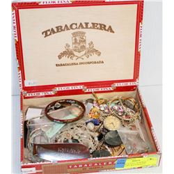 CIGAR BOX FULL OF SCRAP JEWELLERY WATCHES ETC