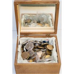 WOODEN BOX FULL OF ASSORTED WORLD COINS