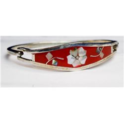 MEXICAN SILVER BANGLE WITH RED ENAMEL AND SHELL