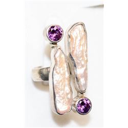 STERLING SILVER RING WITH SHELL INLAY AND AMETHYST