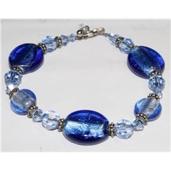 BLUE BLOWN GLASS BEADED 7" BRACELET