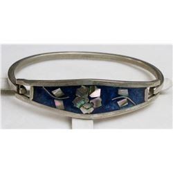 SILVER BRACELET WITH BLUE SHELL FLORAL INLAY