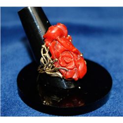 14K GOLD PLATED RING WITH CARVED ROSE CORAL STONE