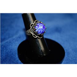 ORNATE SILVER RING WITH BLUE STONE, SIZE 6