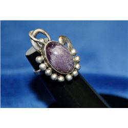 ORNATE SILVER ART RING W PURPLE AMETHYST SIZE 3