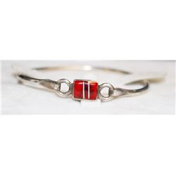 MEXICAN SILVER BANGLE WITH RED STONE INLAY