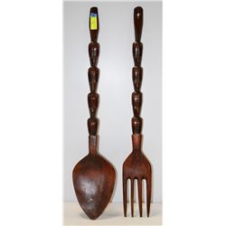 LARGE WOODEN CARVED FORK AND SPOON CIRCA 1960’S
