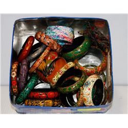 BIN OF ASSORTED WOODEN DECORATIVE BRACELETS