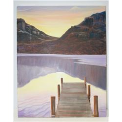 LARGE PAINTING OF MOUNTAINS AND DOCK AT SUNSET