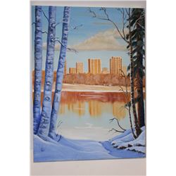 LARGE PAINTING OF CITY SKYLINE ORIGINAL 30" X 40"