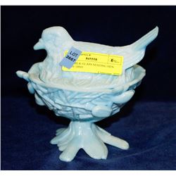 BLUE MILK GLASS NESTING HEN CANDY DISH