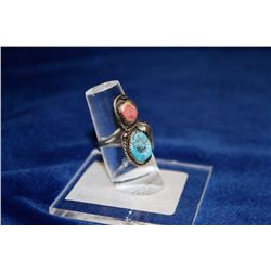SILVER RING WITH TURQUOISE AND RHODOCHROSITE, SIZE 8.5