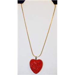 VINTAGE CARVED CINNABAR HEART PENDANT ON 18"