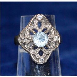 ORNATE SILVER RING WITH AQUAMARINE STONE SZ 6