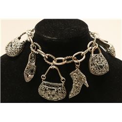 VINTAGE SILVER COLOR ORNATE SHOE AND PURSE CHARM 8" BRACELET