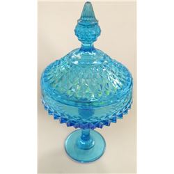 ANTIQUE BLUE CUT GLASS CANDY DISH WITH LID