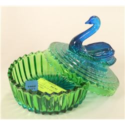 ANTIQUE BLUE AND GREEN GLASS SWAN DISH