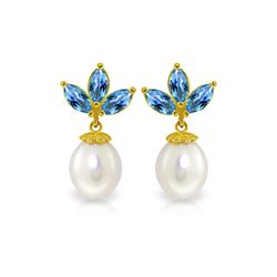 Genuine 9.5 ctw Blue Topaz & Pearl Earrings 14KT Yellow Gold - REF-31T2A