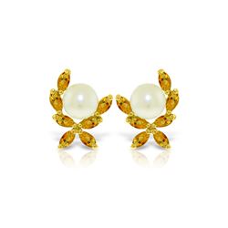 Genuine 3.25 ctw Pearl & Citrine Earrings 14KT Yellow Gold - REF-30P2H