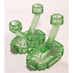 BagleyClear Green  Glass Art Deco Candlesticks #1502440