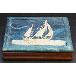 Incolay Blue Stone SHIP & Walnut Jewelry Box #1502475