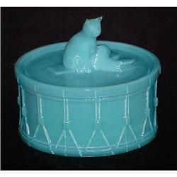 Portieux Cat & Drum Blue Milk Glass Powder Jar #1502484