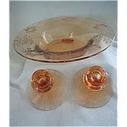 Amber Etched Console Bowl w/Candle Holders #1503023