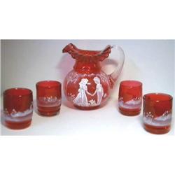 Fenton Mary Gregory Cranberry Pitcher and 4 #1526589