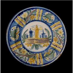 Round Blue Yellow Faience Wall Plate #1526762