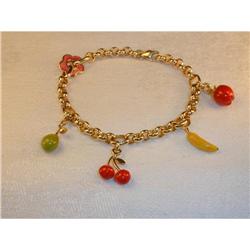 Estate 14K YG Gold Enamel Fruit Charm Bracelet #1526780