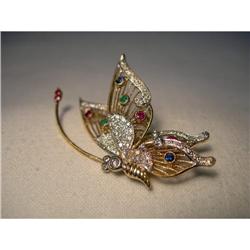 Rare 14K Butterfly Diamond Emerald Ruby Brooch #1526836