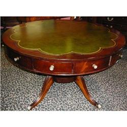 Antique Mahogany Leather Top Round Drum Table #1538485