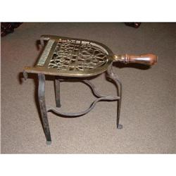 18th c brass and iron trivet with wooden handle#1538607