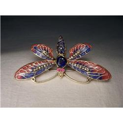 14K YG Ruby Sapphire Diamond Butterfly Brooch #1538767