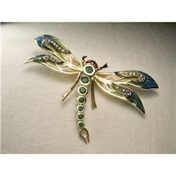 14K YG Ruby Emerald Diamond Dragonfly Brooch #1538769