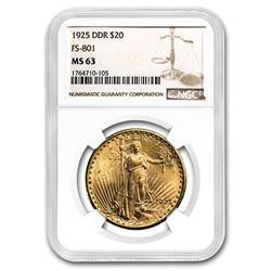 1925 $20 Saint-Gaudens Gold Double Eagle MS-63 NGC (DDR FS-801)