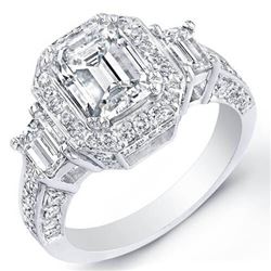 Natural 2.97 CTW Emerald Cut 3-Stone Halo Diamond Ring 14KT White Gold