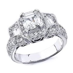 Natural 2.52 CTW Halo 3-Stone Asscher Cut Diamond Ring 18KT White Gold