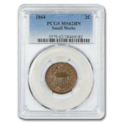1864 Two Cent Piece MS-62 PCGS (Brown, Small Motto)
