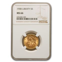 1908 $5 Liberty Gold Half Eagle MS-66 NGC