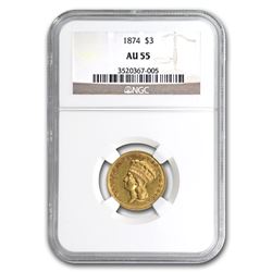 1874 $3 Gold Princess AU-55 NGC