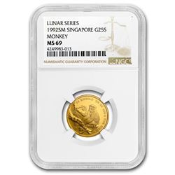 1992 Singapore 1/4 oz Gold 25 Singold Monkey MS-69 NGC