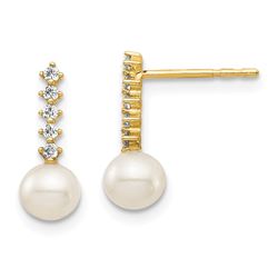 14k Yellow Gold White Rnd Pearl Cubic Zirconia Earrings - 5-6 mm