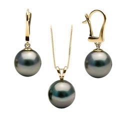 Black Tahitian Pearl Solitaire Pendant and Dangle Earring Set