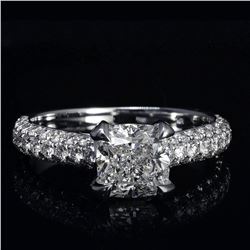 Natural 1.92 CTW Cushion Cut 3 Row Pave Diamond Engagement Ring 18KT White Gold
