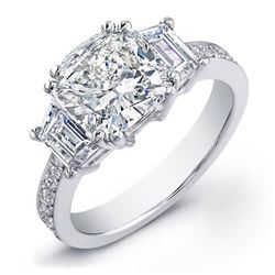Natural 2.62 CTW Cushion Cut & Trapezoids Diamond Engagement Ring 14KT White Gold